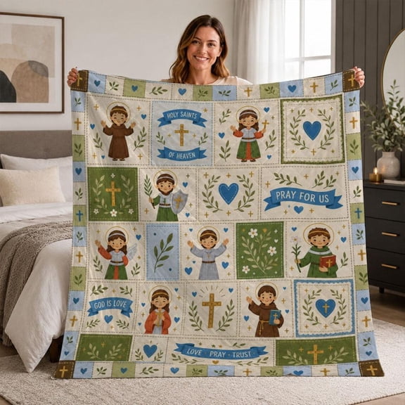 Holy Saints Quilt Blanket, Catholic Kids Prayer Throw, Christian Nursery Patchwork Blanket, Baptism Gift