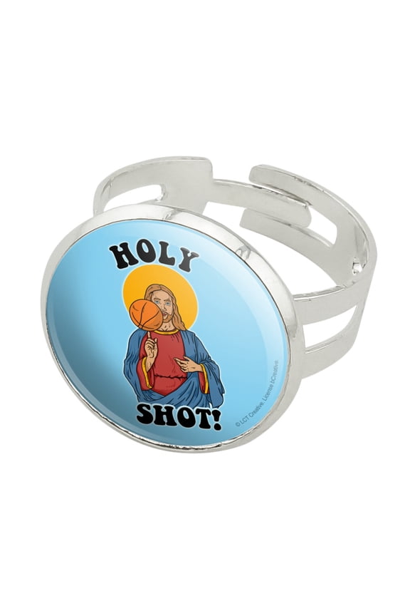 Holy Shot Basketball Jesus Funny Humor Silver Plated Adjustable Novelty Ring