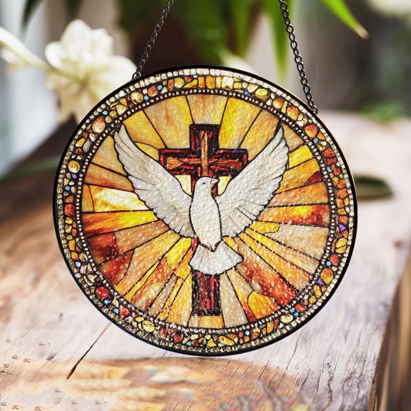 Holy Spirit Dove Christian Cross Stained Glass Window Hanging Suncatcher