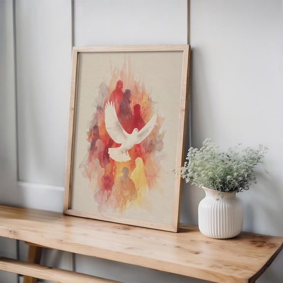 Holy Spirit Dove Descends With Fire Pentecost Art Jesus Disciples Tongues Of Fire Modern Christian Wall Decor, Stretched Canvas 12x16in