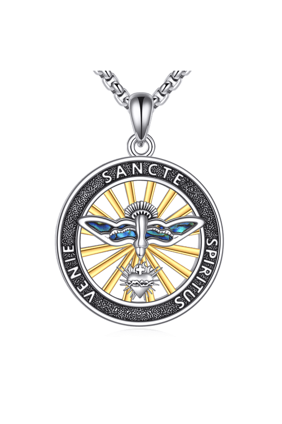 Holy Spirit Dove Necklace Sterling Silver Sacred Heart Pendant Necklace Jesus Christian Jewelry Gift for Men Women