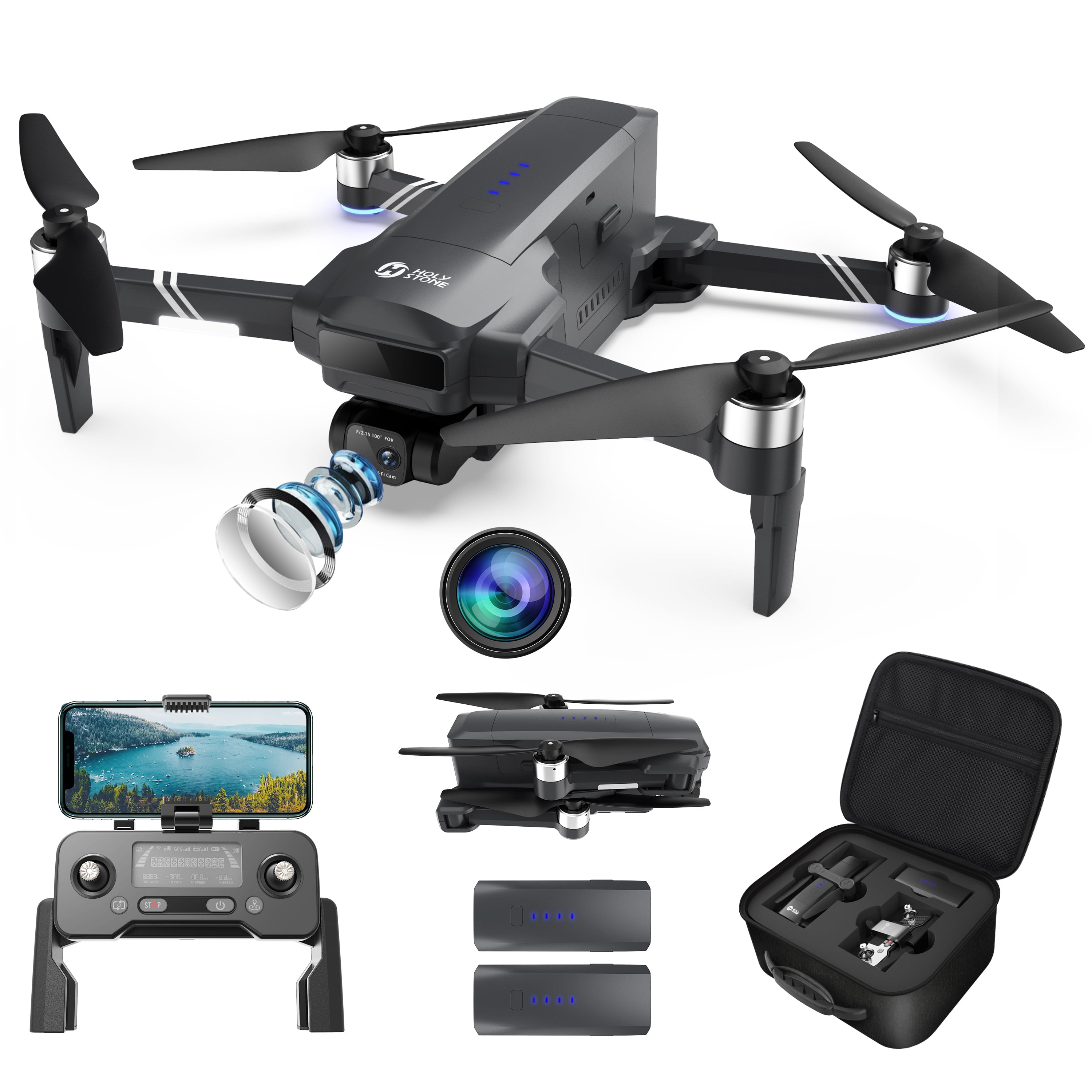 Holy Stone Drone HS600 with 4K Camera 2-Asix Gimbal EIS 3KM FPV-Drone with  2 Batteries Brushless Motor Color Black 