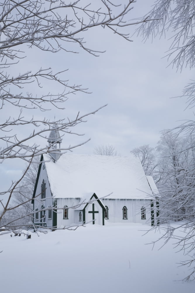 Holy Trinity Anglican Church And Cemetery Through Snow-Covered Trees In Winter Iron Hill Eastern Townships Quebec Canvas Art - Perry Mastrovito Design Pics (11 x 17)