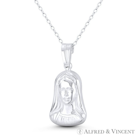 Holy Virgin Mother Mary 28x13mm (1.1x0.5in) Hollow-Cast Bust Pendant & Chain Necklace in .925 Sterling Silver