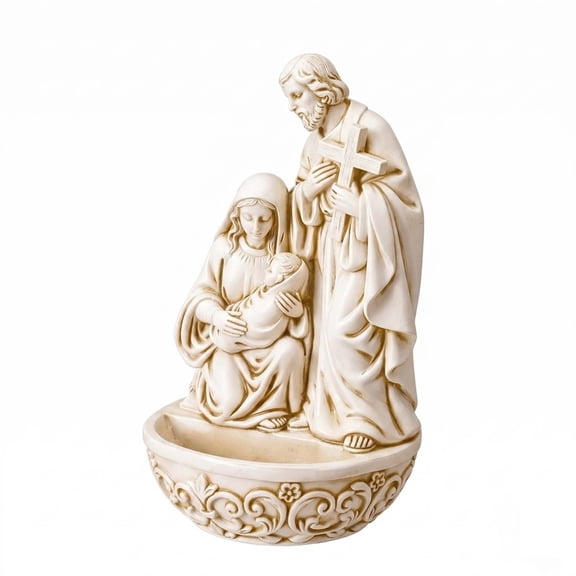 Holy Water Font Resin, Family Saint Joseph Mary and Infant, Christ Catholic Holy Water Container, 6.5 Inch Church Wall Hanging Decoration for Home Catholic Church Baptism GiftWhite