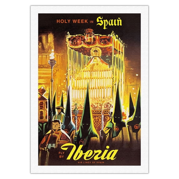 Holy Week in Spain - Fly By Iberia Air Lines of Spain - Vintage Travel Poster c.1950s - Fine Art Rolled Canvas Print 27in x 40in