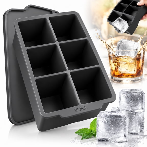 Holytech Large Ice Cube Tray with Lid, Stackable Big Silicone Square Ice Cube Mold for Whiskey Cocktails Bourbon Soups Frozen Treats