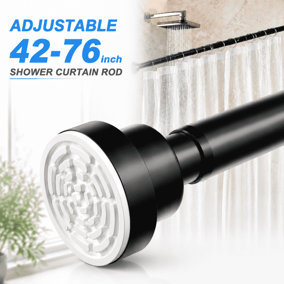 Holytech Shower Curtain Rod 42 To 76 Inch Tension Curtain Rod No Drilling 7/8"Adjustable Curtain Rod Expandable Shower Pole Black Shower Rods Spring Tension for Window Bathroom