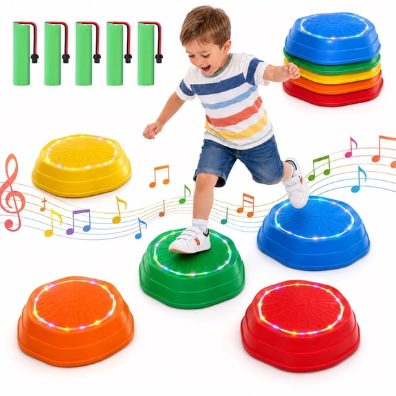 Light-Up Musical Stepping Stones for Kids, 5 Pack, Non-Slip, Indoor Outdoor Active Play, Sensory Balance Toy for Toddlers, Ages 3-8