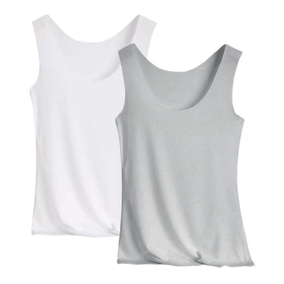 Holzkary 2 Pcs Women's Basic Solid Camisole Stretch Casual Padded Built-In-Bra Modal Tank Tops White Xxl