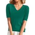 thumbnail image 1 of Holzkary 2025 Summer Spring Women's Short Sleeve Sweaters V Neck Solid Color Pullover Sweater Lightweight Soft Knitted T-Shirt Tops Green Xxl, 1 of 9