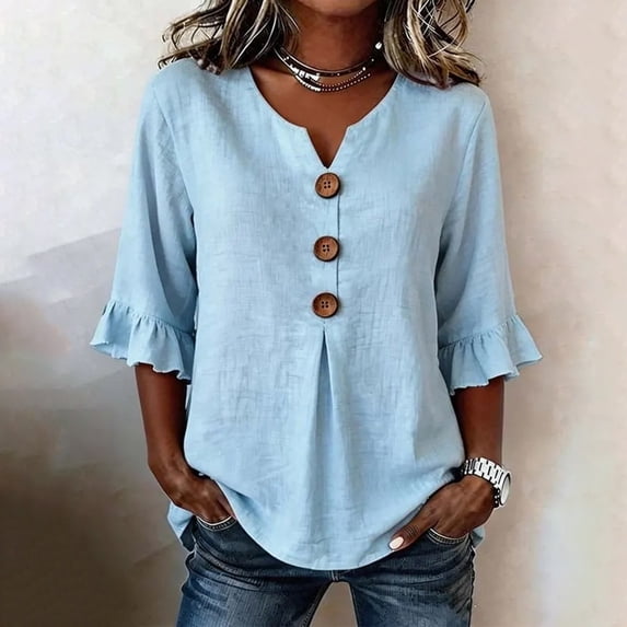 Holzkary 3/4 Length Sleeve Womens Tops Cotton Linen V Neck T Shirts Summer Beach Boho Ruffle Three Quarter Sleeve Tops Boho Blouses Peasant Henley Shirts Summer Beach Vacation Loose Button Top S