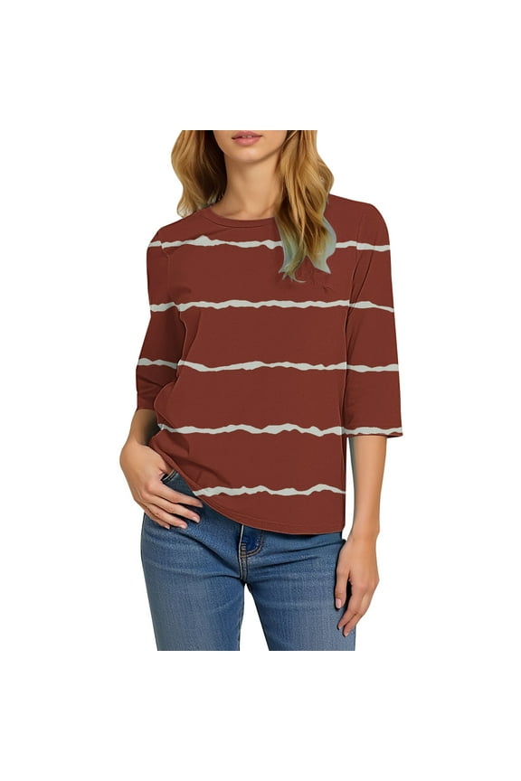 3/4 Length Sleeve Womens Tops Summer Three Quarter Striped Shirts Dressy Casual Printed Tunic Tops Women Blouses Women 3/4 Sleeve Tops Blouses Casual Crew Neck Holiday T Shirts Wine L