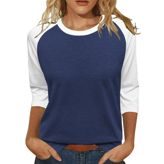 Holzkary 3/4 Sleeve Blouses for Women Women's 3/4 Shoulder Sleeve Color Blocked T Shirt Top Summer Crew Neck Tee Shirts Dressy Casual Work Tunic Blouses Spring Clothes White S