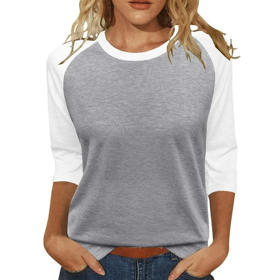 Holzkary 3/4 Sleeve Blouses for Women Women's 3/4 Shoulder Sleeve Color Blocked T Shirt Top Summer Crew Neck Tee Shirts Dressy Casual Work Tunic Blouses Spring Clothes Light Ashy S