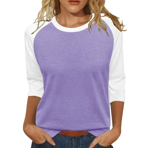 Holzkary 3/4 Sleeve Blouses for Women Women's 3/4 Shoulder Sleeve Color Blocked T Shirt Top Summer Crew Neck Tee Shirts Dressy Casual Work Tunic Blouses Spring Clothes Light Violet S