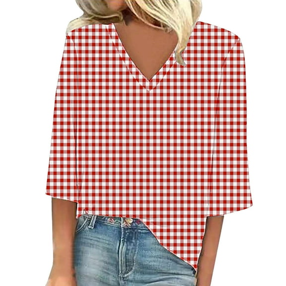 Holzkary 3/4 Sleeve T Shirts for Women Fashion Printed T Shirt Casual V Neck Three Quarter Sleeve Top Features: Summer Tops Fall Fashion Blouses Beach Vacation Clothes Spring Tunic 2025 Trendy Red Xl