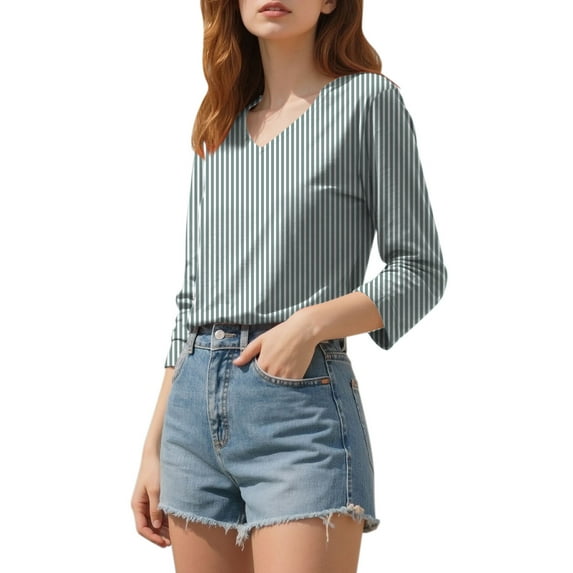 Holzkary 3/4 Sleeve T Shirts for Women Women's Top 3/4 Sleeve Striped Printed Cute Top V Neck Slim Half Sleeve T Shirt Shirt Top Casual Fashion Cute Basics Tees Gn1 3Xl