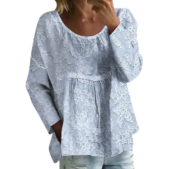 Holzkary 3/4 Sleeve Tops for Women Casual Flowy Printed Boho Peasant Tshirts Lightweight Fall Trendy Hiking Party Beach Blouses New Printed Loose Large Size Long Sleeved T Shirt Light Blue 3Xl