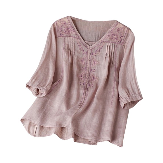 Holzkary 3/4 Sleeve Tops for Women Loose Tunics Top V Neck Blouses Lightweight Pullover Shirt Summer Tshirts Summer Tops for Women Bohemian Tops Summer Gauze Shirts Mexican Shirts Peasant Tops