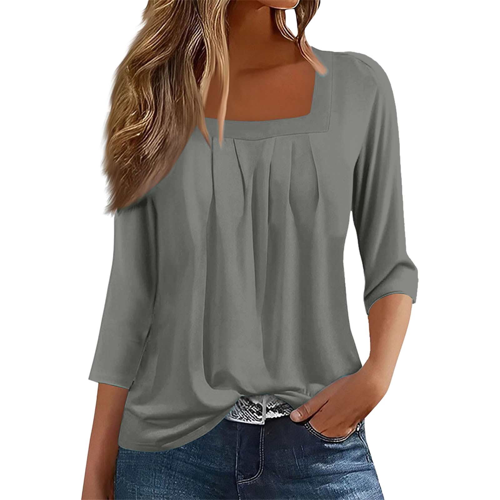 Holzkary 3/4 Sleeve Tops for Women Pleated Square Neck Blouses