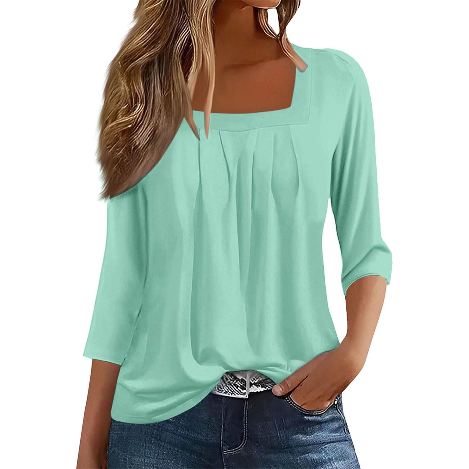 Holzkary 3/4 Sleeve Tops for Women Pleated Square Neck Blouses