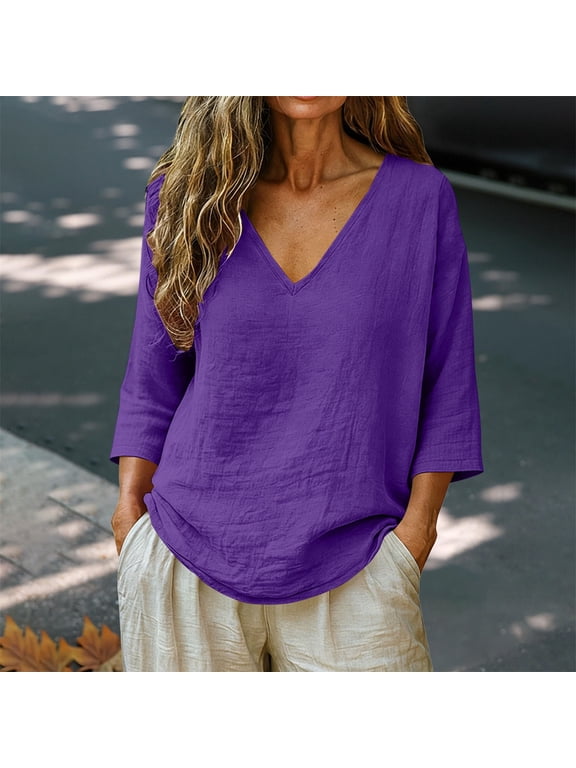 3/4 Sleeve Tops for Women Solid Color Top Peasant Blouses Travel Blouses Plain Blouse Flowy Clothes Bohemian Shirts Gauze Shirts Buisness Work Tee Shirts Elbow Sleeve Tunic Loose Clothes