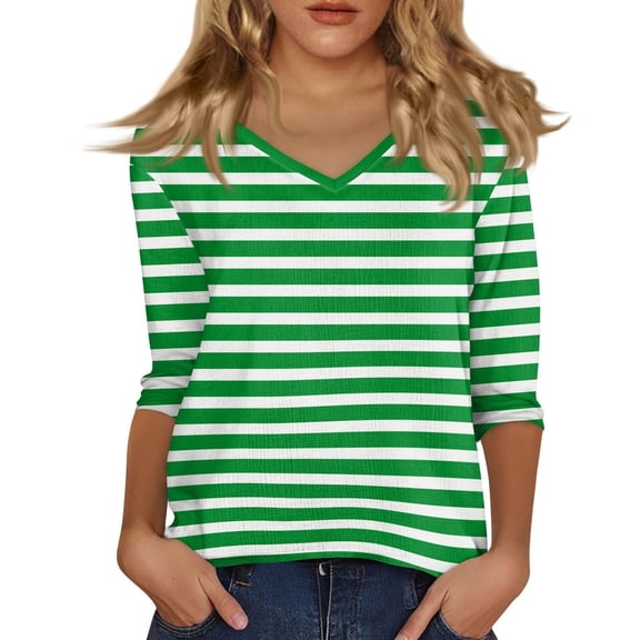 Holzkary 3/4 Sleeve Tops for Women Summer Tops for Women V Neck 3/4 Length Sleeve Tops Cute Fall Linen Print Shirts Western 3/4 Sleeve Blouses Green S