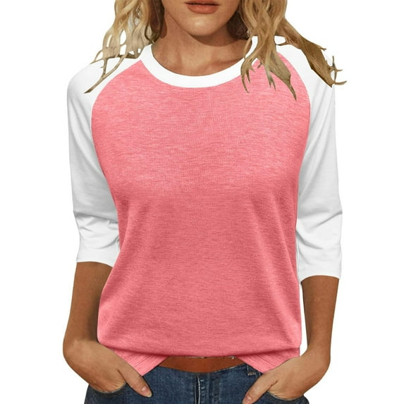 Holzkary 3/4 Sleeve Tops for Women Workout Jersey Shirts Baseball Style Raglan Tshirts Casual Color Block Tees Comfy Steetwear Women's 3/4 Shoulder Sleeve Color Blocked T Shirt Top Pink S