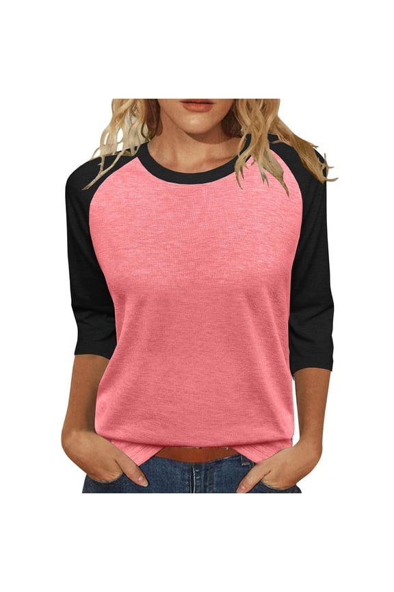 3/4 Sleeve Tops for Women Workout Jersey Shirts Baseball Style Raglan Tshirts Casual Color Block Tees Comfy Steetwear Women's 3/4 Shoulder Sleeve Color Blocked T Shirt Top Watermelon Red M