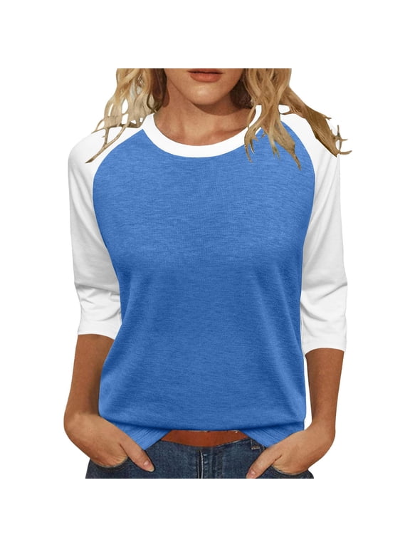 3/4 Sleeve Tops for Women Workout Jersey Shirts Baseball Style Raglan Tshirts Casual Color Block Tees Comfy Steetwear Women's 3/4 Shoulder Sleeve Color Blocked T Shirt Top Blue L