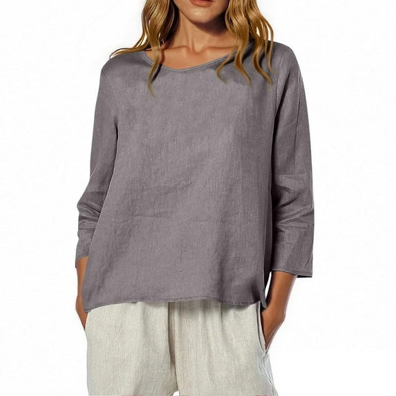 Holzkary 3/4 Sleeve Tops for Women Round Neck Printed Blouse Tops Women's Blouse T Shirt Grey S