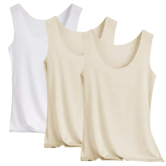 Holzkary 3 Pcs Women's Basic Solid Camisole Stretch Casual Padded Built-In-Bra Modal Tank Tops Beige L