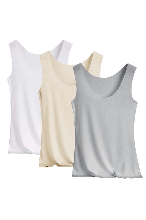 3 Pcs Women's Basic Solid Camisole Stretch Casual Padded Built-In-Bra Modal Tank Tops Grey Xxl