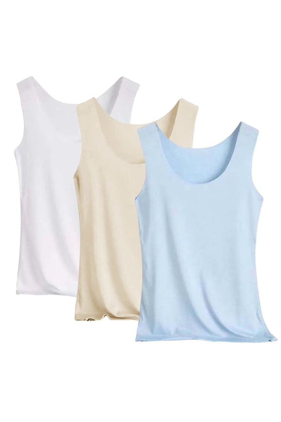 3 Pcs Women's Basic Solid Camisole Stretch Casual Padded Built-In-Bra Modal Tank Tops Light Blue L