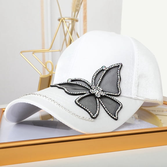 Holzkary Baseball Cap for Running Workouts and Outdoor Activities All Seasons Hats Gift for Men/Women Baseball Cap Rhinestone Cotton Butterfly Sunshade Hat Outdoor Sunscreen Hat White One Size