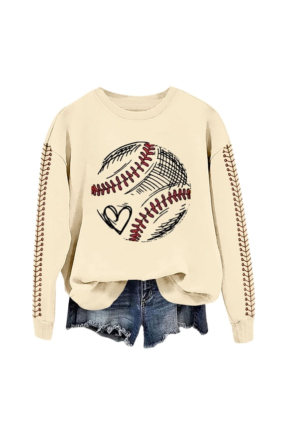 Baseball Mom Sweatshirt for Women Men Game Day Pullover Shirts Softball Sport Fan Lovers Gifts White Casual Long Sleeve Tops Holiday Tee Spring Baseball Print Crew Neck Loose Top Beige S