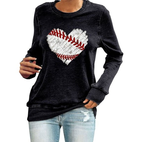 Holzkary Baseball Sweatshirt Women Spring Baseball Print Crew Neck Loose Casual Top Hoodie Baseball Mom Sweatshirt Funny Game Day Baseball Pullover Tops Casual Graphic Ball Long Sleeve Tee Top Black L