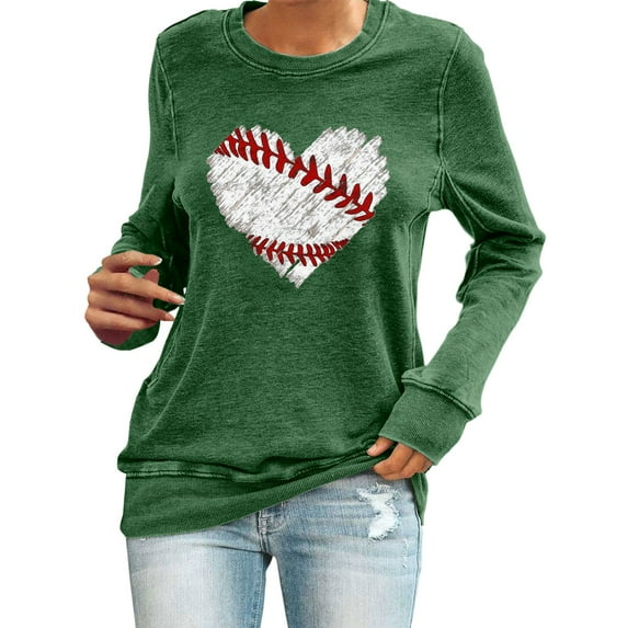 Holzkary Baseball Sweatshirt Women Spring Baseball Print Crew Neck Loose Casual Top Hoodie Baseball Mom Sweatshirt Funny Game Day Baseball Pullover Tops Casual Graphic Ball Long Sleeve Tee Top Green L