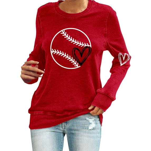 Holzkary Baseball Sweatshirt Women Spring Baseball Print Crew Neck Loose Casual Top Hoodie Baseball Mom Sweatshirt Funny Game Day Baseball Pullover Tops Casual Graphic Ball Long Sleeve Tee Top Red L