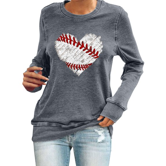 Holzkary Baseball Sweatshirt Women Spring Baseball Print Crew Neck Loose Casual Top Hoodie Baseball Mom Sweatshirt Funny Game Day Baseball Pullover Tops Casual Graphic Ball Long Sleeve Tee Top Grey M
