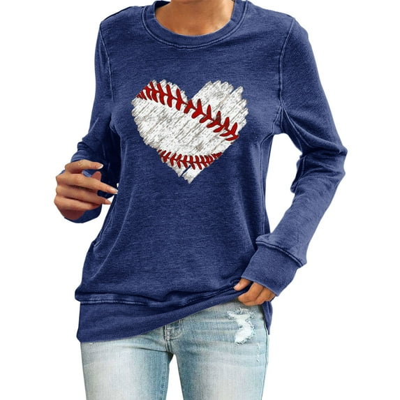 Holzkary Baseball Sweatshirt Women Spring Baseball Print Crew Neck Loose Casual Top Hoodie Baseball Mom Sweatshirt Funny Game Day Baseball Pullover Tops Casual Graphic Ball Long Sleeve Tee Top Blue M