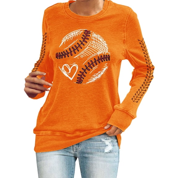 Holzkary Baseball Sweatshirt Women Spring Baseball Print Loose Casual Top Hoodie Baseball Mom Sweatshirt Funny Game Day Baseball Pullover Tops Casual Graphic Ball Long Sleeve Tee Top Orange 3Xl