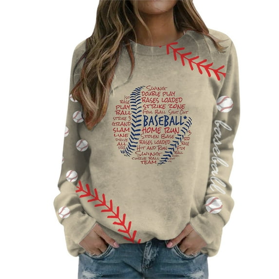 Holzkary Baseball Sweatshirt for Womens 2025 Round Neck Long Sleeve Top Hoodless Sweatshirt Long Sleeve Comfy Baseball Shirts Softball Crewneck Graphic Pullover Top 2025 Fall Sweatshirts Beige L