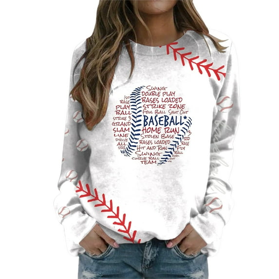Holzkary Baseball Sweatshirt for Womens 2025 Round Neck Long Sleeve Top Hoodless Sweatshirt Long Sleeve Comfy Baseball Shirts Softball Crewneck Graphic Pullover Top 2025 Fall Sweatshirts White L