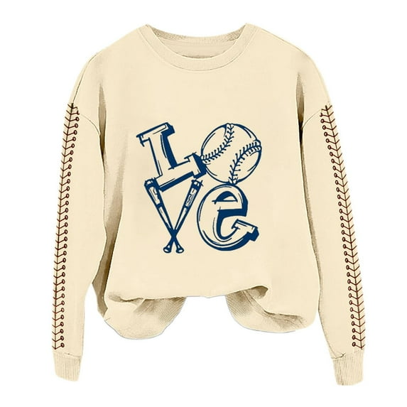 Holzkary Baseball Sweatshirt for Womens 2025 Spring Baseball Print Loose Casual Top Hoodie Long Sleeve Comfy Baseball Shirts Softball Crewneck Graphic Pullover Top 2025 Fall Sweatshirts Beige L