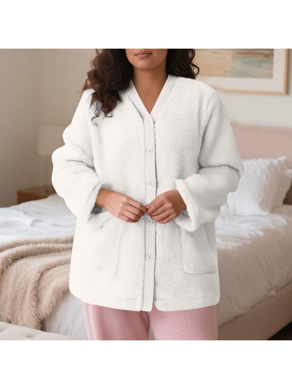 Bed Jackets for Women Cozy Warm Fleece Cardigans Soft Fuzzy V Neck Button Up Sleeping Wear Flannel Long Sleeve Home Fall Winter Coat with Pockets for Elderly Ladies White M