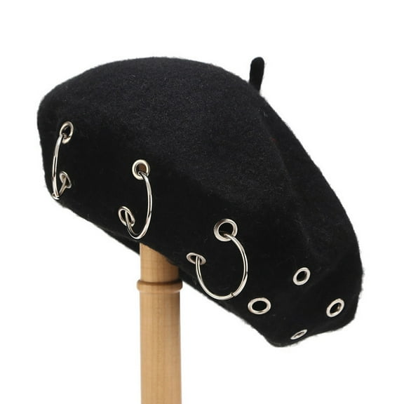 Holzkary Beret Hats for Women 2025 Trendy Fashion Women's Solid Iron Ring Lovely Vintage Painter Hat Beret Hat Cap Black One Size