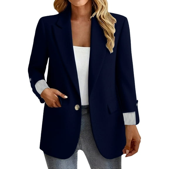 Holzkary Blazers for Women Business Casual Long Sleeve Lapel Open Front Suit Jacket Work Blazer with Pockets Fashion Casual Button Business Slim Fit Three Quarter Sleeve Rolled Edge Dark Blue L