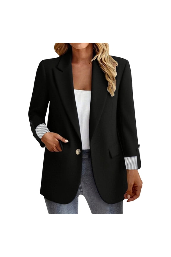 Blazers for Women Business Casual Long Sleeve Lapel Open Front Suit Jacket Work Blazer with Pockets Women's Fashion Casual Button Business Slim Fit Three Quarter Sleeve Rolled Edge Black M